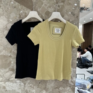短袖 欧洲站2026春季 显瘦休闲套头小版 U领字母贴标修身 T恤6E77 新款