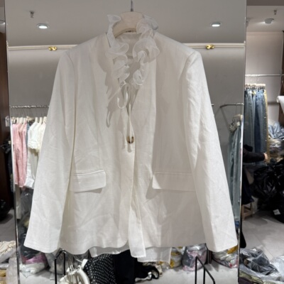 春季2026新款欧洲站V领压褶木耳边好看宽松休闲款西装外套女6122