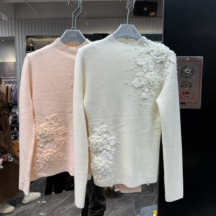 欧洲站2025冬季 针织上衣 新半高领立体花朵刺绣钉珠甜美风软糯长袖
