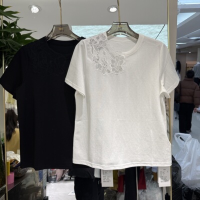 欧洲站2026春季新款圆领镂空绣花百搭小众套头净版短袖上衣65176