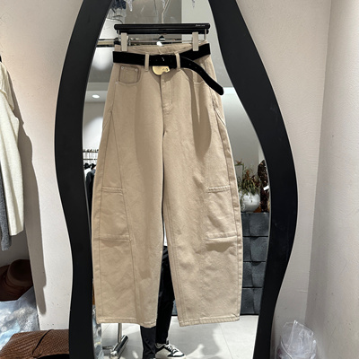 欧洲站2025秋季新款高腰皮带款拼接设计宽松百搭直筒阔腿工装裤女