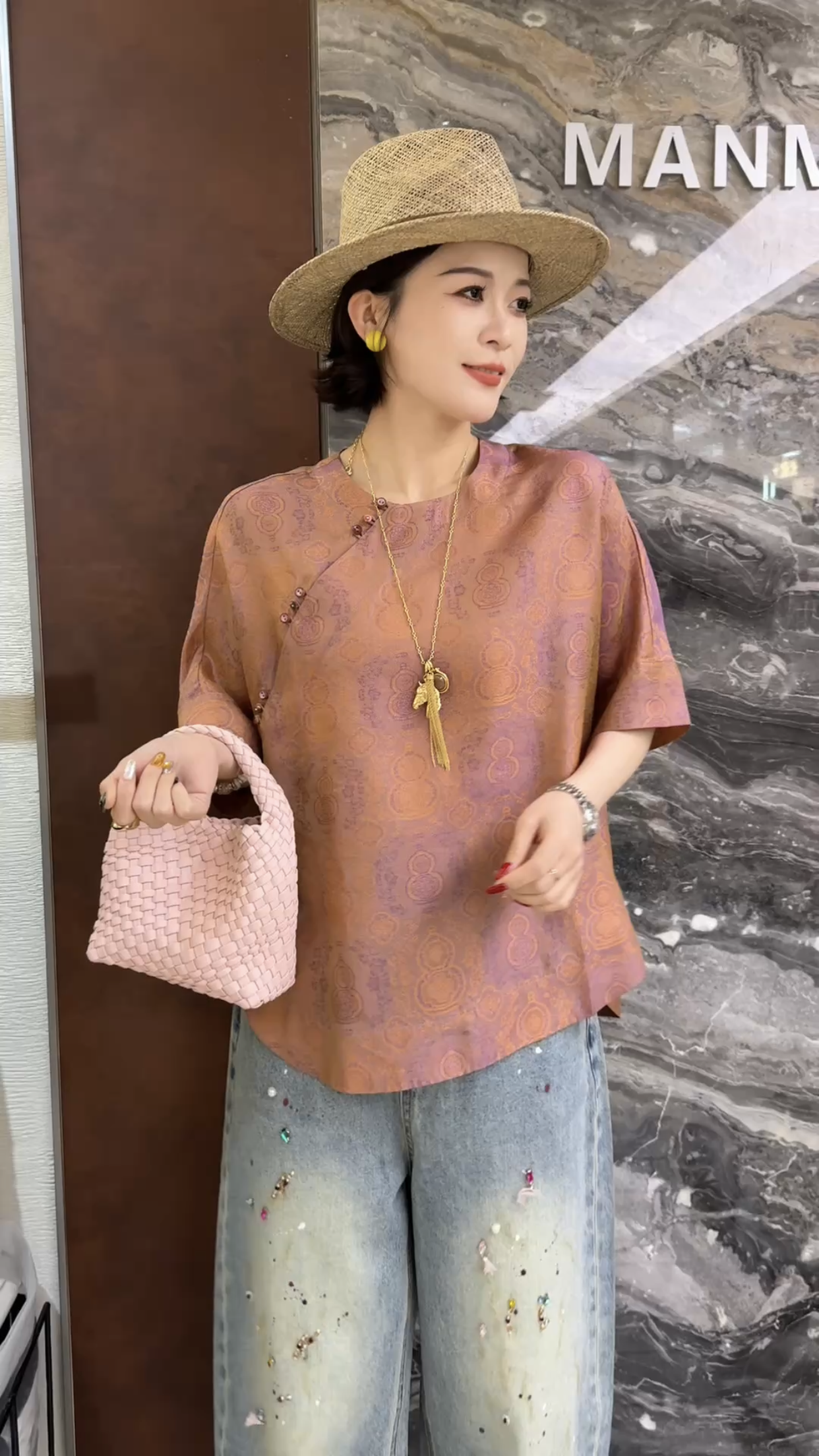 欧洲站2026夏款新款圆领盘扣新中式国风提花宽松显瘦短袖衬衫女潮