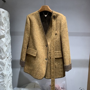 欧洲站2025秋冬新款 v领飘带单排扣轻奢百搭双面羊绒呢子大衣1635