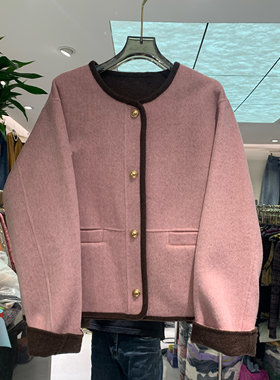 欧洲站2025秋冬新款圆领单排扣拼色轻奢百搭双面羊绒大衣女69312
