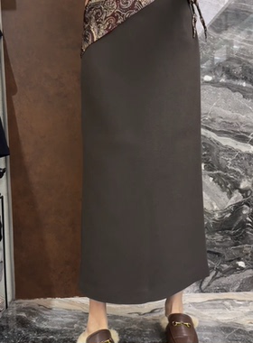 欧洲站2025冬季新款高腰蕾丝腰带后开叉中长款羊毛呢半身裙61319