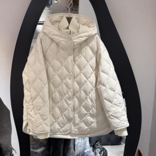 欧洲站2025冬季新款连帽菱形格宽松休闲皮质百搭白鹅绒羽绒服外套