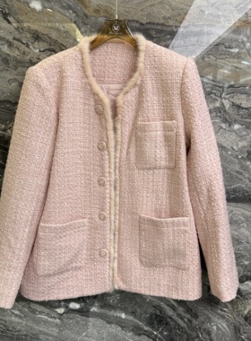 欧洲站2025秋冬新款圆领毛边拼接时尚百搭长袖小香风外套女18809