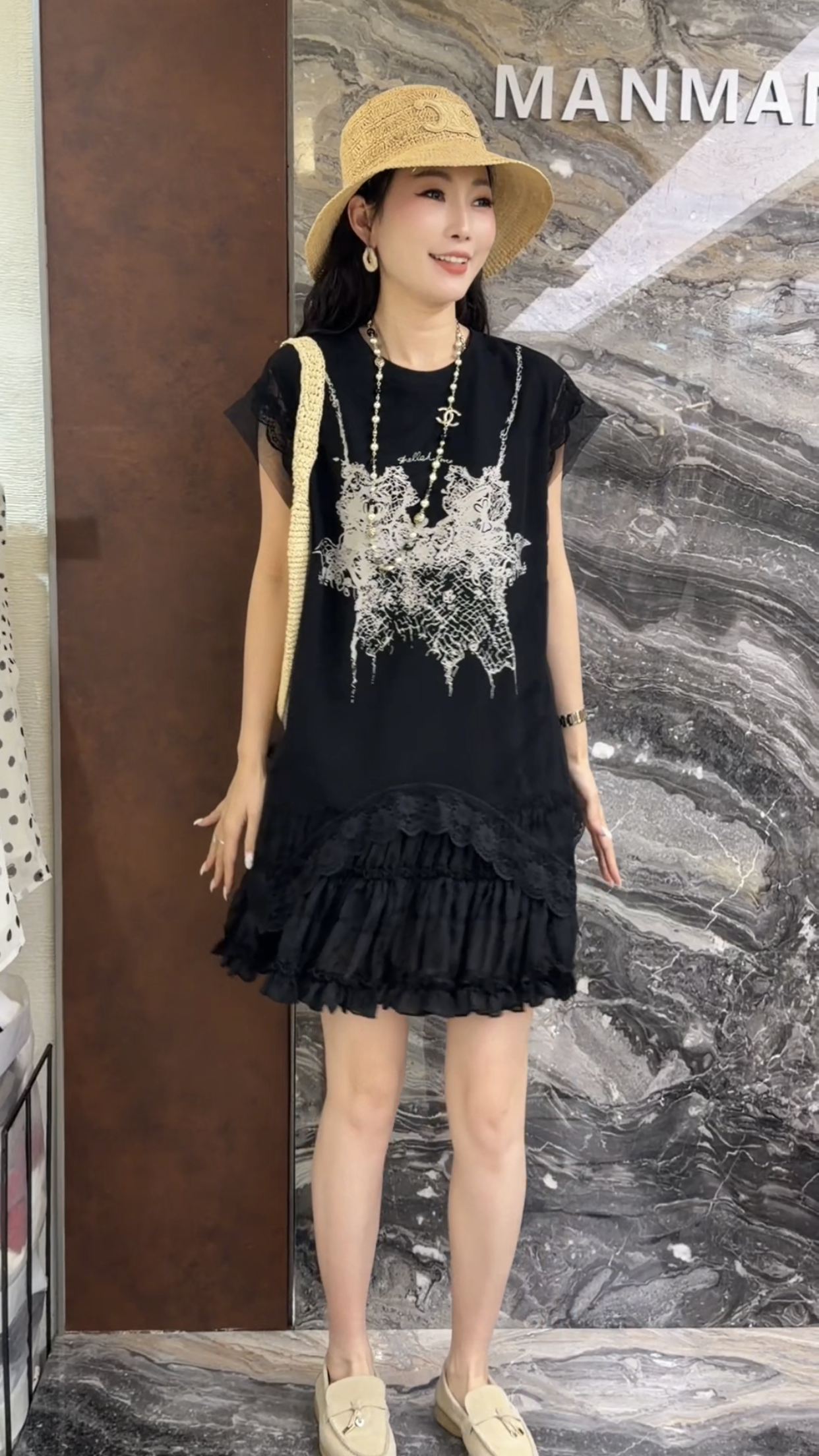 欧洲站2026夏款新款韩系圆领蕾丝花边下摆减龄女士短袖连衣裙6778