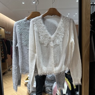 欧洲站2025秋冬新款v领立体蕾丝花朵下摆毛苏苏甜美女士针织开衫