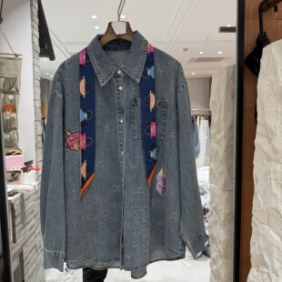 女26310 翻领撞色丝巾刺绣百搭韩系风牛仔衬衫 欧洲站2026春季 新款