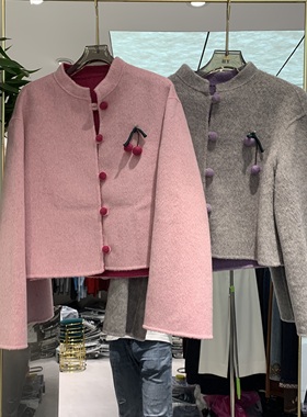 欧洲站2025秋季新款立领单排扣纯色轻奢高级感双面羊毛大衣86017