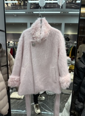 欧洲站225冬季新款毛领腰带收腰甜美风中长款皮毛一体大衣女25128