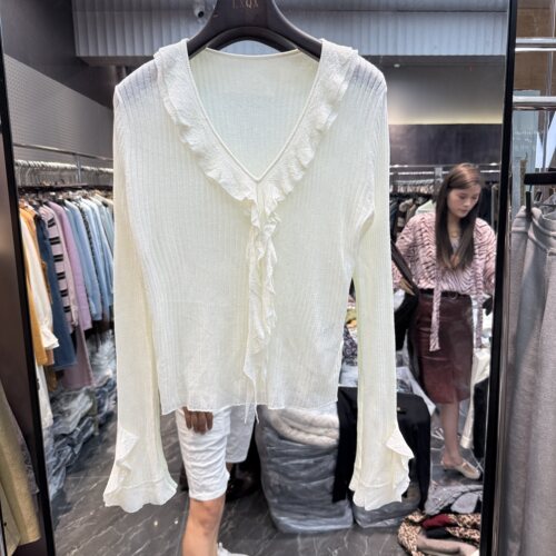 可可家欧货2026秋新品V领压褶荷叶边显瘦文艺感净版针织衫女Y185