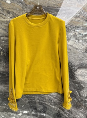 欧洲站2025秋冬新款圆领立体刺绣毛毛拼接宽松百搭长袖上衣25340