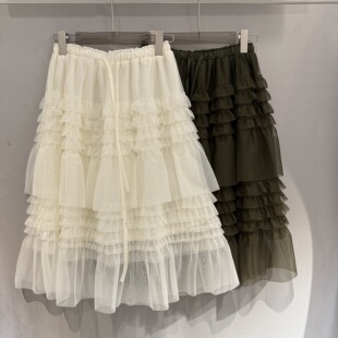 欧洲站2026春季新款松紧高腰抽绳百搭纯欲风A版网纱蛋糕半身裙女