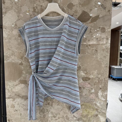 欧洲站2026春季新款侧边褶皱收腰显瘦时尚休闲无袖条纹上衣女8534