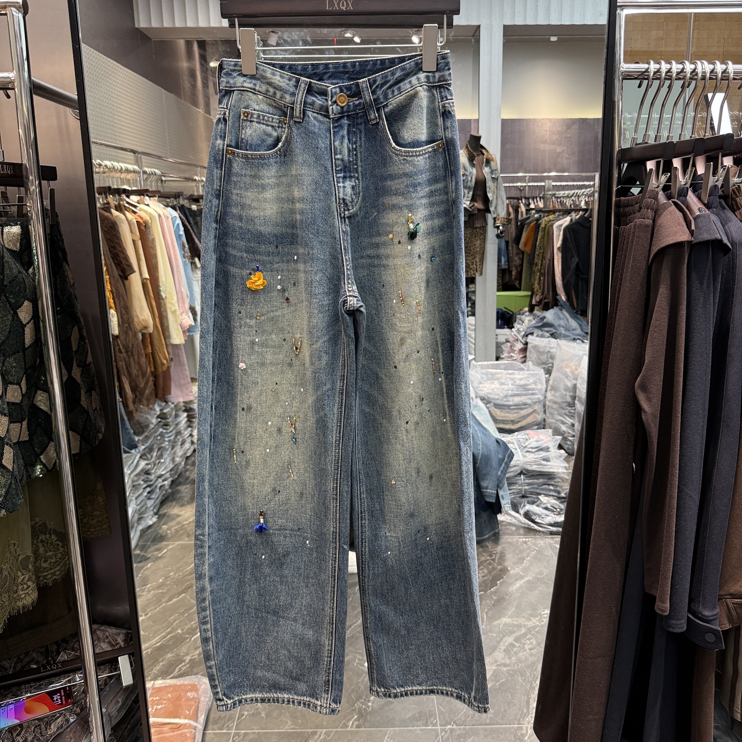 欧洲站2026早秋款复古港味风高腰彩色钉钻显瘦渐变色牛仔裤266277