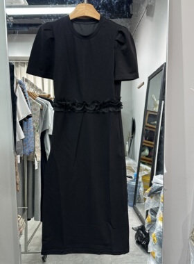 欧洲站2026夏季新款圆领显瘦木耳花边短袖时尚赫本风女连衣裙2090