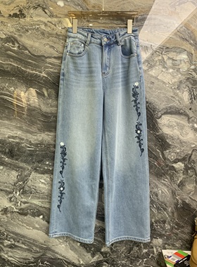 欧洲站2025冬季新款高腰显瘦刺绣花朵设计感百搭直筒牛仔裤90036