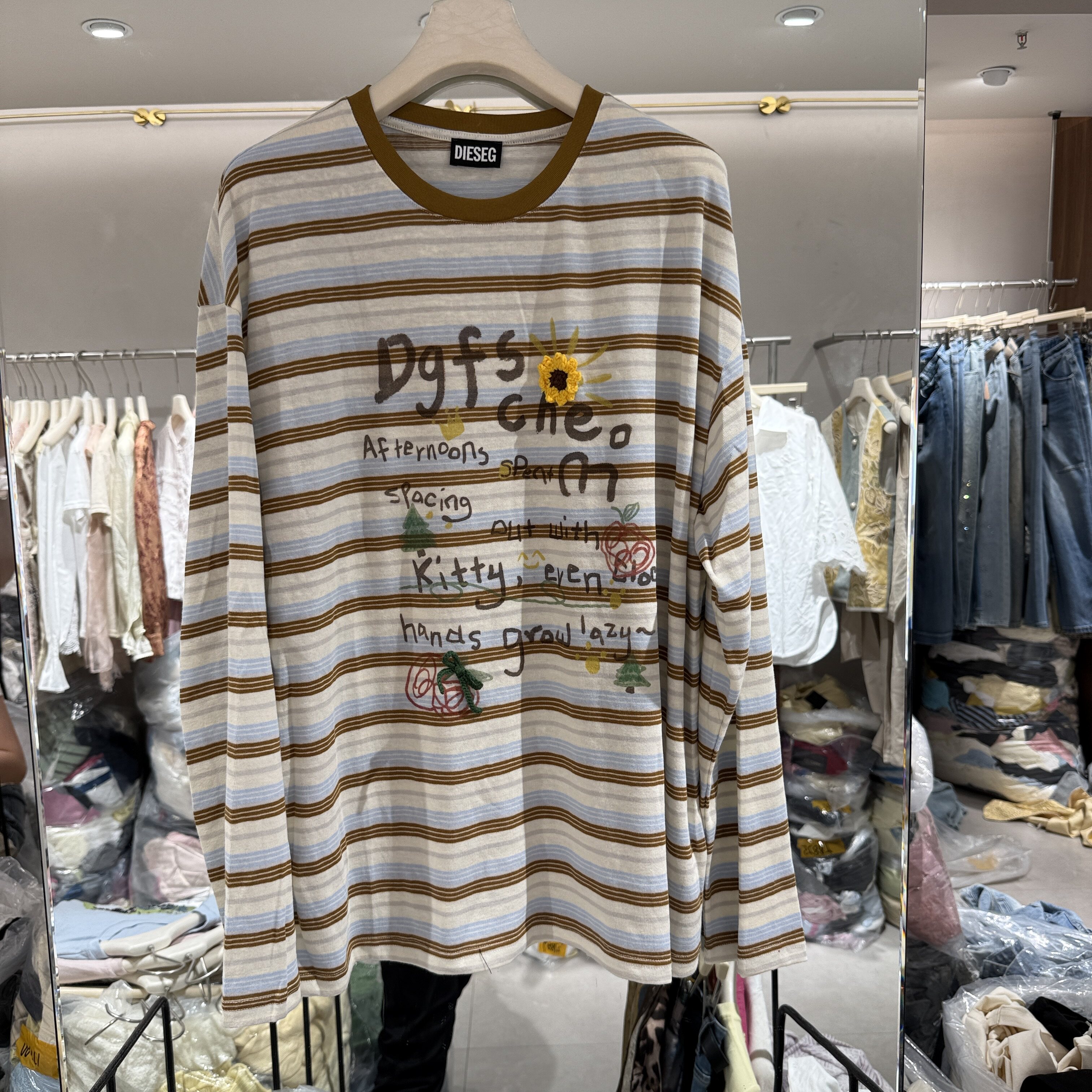欧洲站2026春季新款圆领撞色条纹卡通印花T恤衫长袖宽松上衣女108