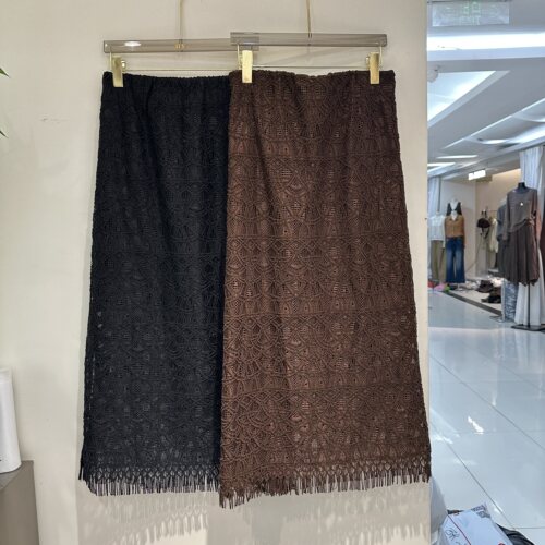 欧洲站2926早秋MILAN新款重工刺绣长款毛边流苏女士半身裙690368