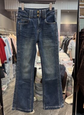 可可家欧货2026冬款高腰两粒扣修身显瘦款女士四面弹薄绒牛仔长裤