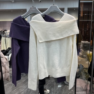 欧洲站2025冬季新款一字肩荷叶边设计感纯色百搭显瘦羊毛针织毛衣