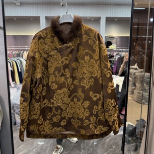 欧洲站2025秋冬新款国风盘扣水貂毛领提花高级感白鹅绒棉服25177