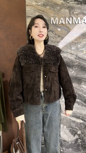 外套女 V领单排扣皮毛一体轻奢高级感保暖长袖 欧洲站2025冬季 新款