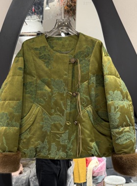 欧洲站2025冬季新款圆领国风提花宽松保暖国风白鹅绒服外套66270