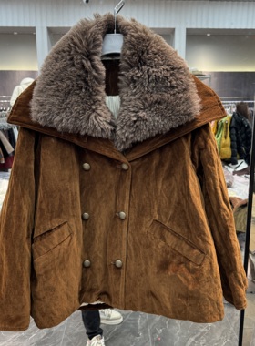 欧洲站2025冬季新款翻领羊毛皮毛一体设计感高端短款鹅绒服66358