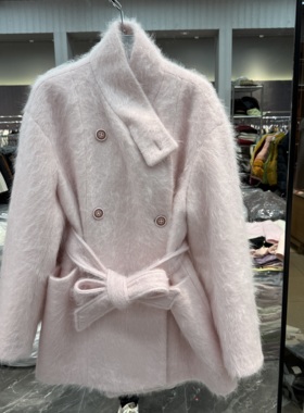 欧洲站2025冬季冬新款立领双排扣收腰拉毛甜美风羊绒大衣女25031