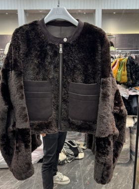 欧洲站2025冬季新款圆领口袋拼接拉贡皮毛一体短款女士外套潮8680