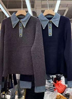 欧洲站2025秋冬新款翻领金属扣牛仔拼接学院风女生针织毛衣25227