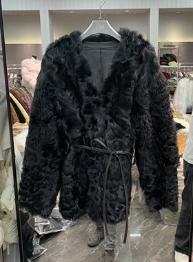 欧洲站2025冬季新款小湖羊v领腰带收腰轻奢百搭中长款皮草女27353