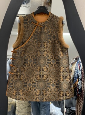 欧洲站2025秋季新款圆领斜襟盘扣水貂毛拼接轻奢无袖马甲女15145