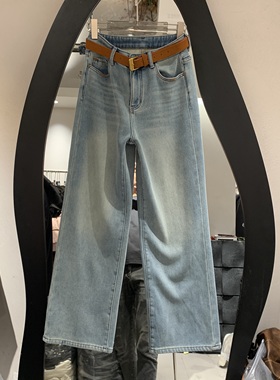 欧洲站2025冬季新款高腰皮带款显瘦百搭女士直筒加厚牛仔裤33666