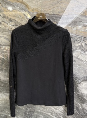 欧洲站2025秋冬新款半高领斜肩蕾丝拼接纯色百搭长袖上衣女36099