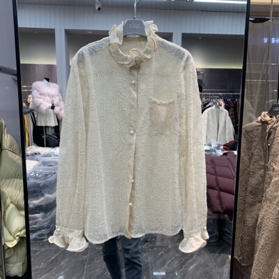 欧洲站2025冬季新款木耳边立领重工提花轻熟风百搭长袖衬衫29573