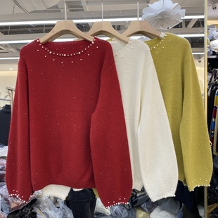 欧洲站2025冬季新款圆领钉珠设计甜美温柔减龄套头款粉色羊毛毛衣