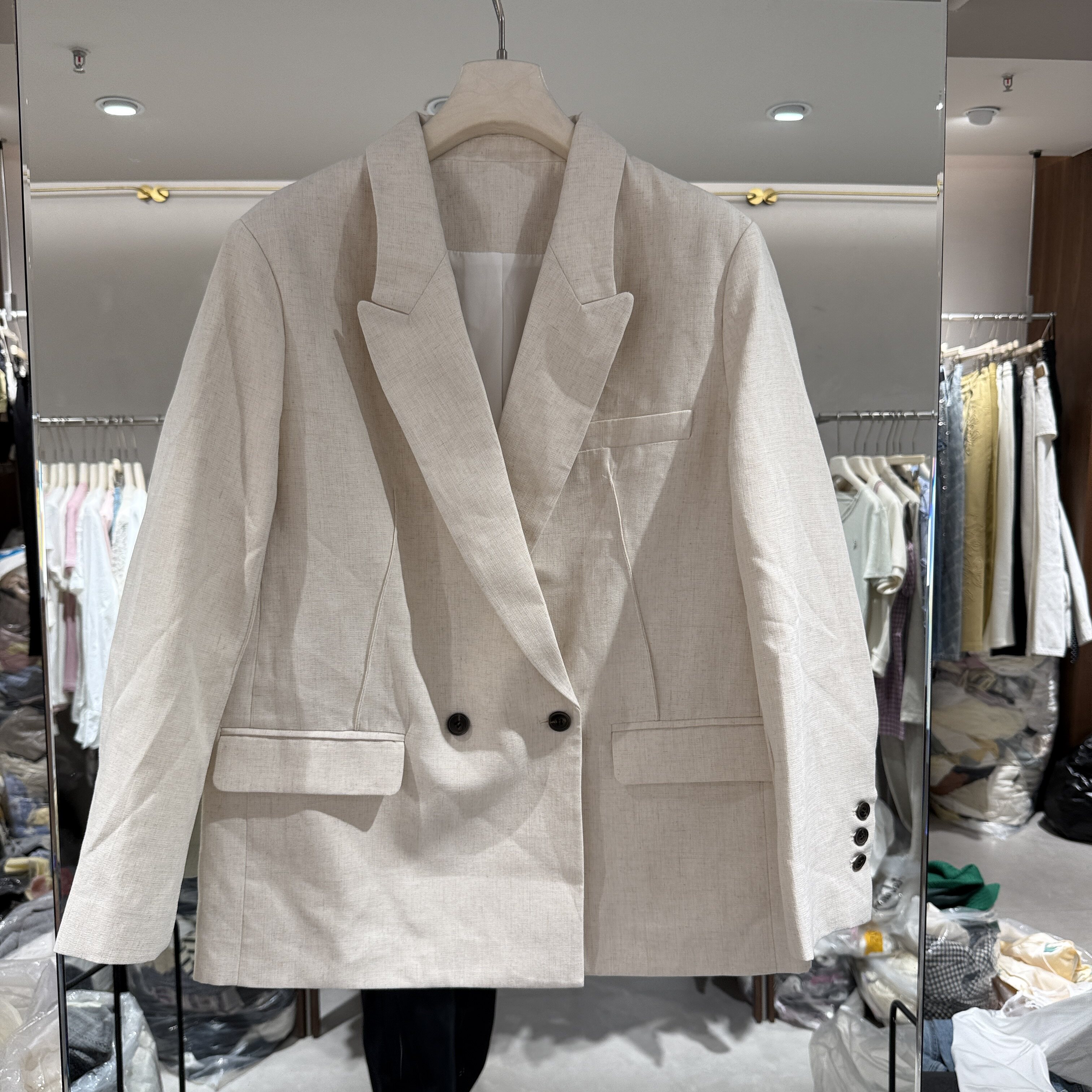 欧洲站2026春季新款翻领两粒扣百搭宽松休闲款女士亚麻西装外套潮