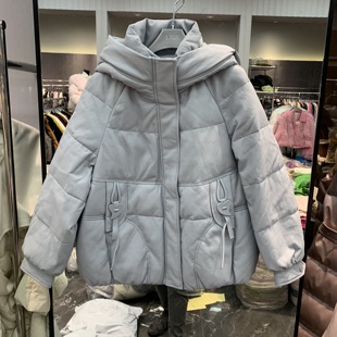 欧洲站2025冬季新款连帽拉链款纯色百搭中长款皮质防风保暖羽绒服