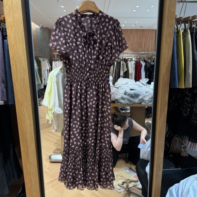 欧洲站2026夏季新款领系带蝴蝶结气质优雅款无袖碎花连衣裙女5922