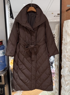 欧洲站2025冬季新款翻领腰带收腰销售百搭中长款鹅绒服外套52029