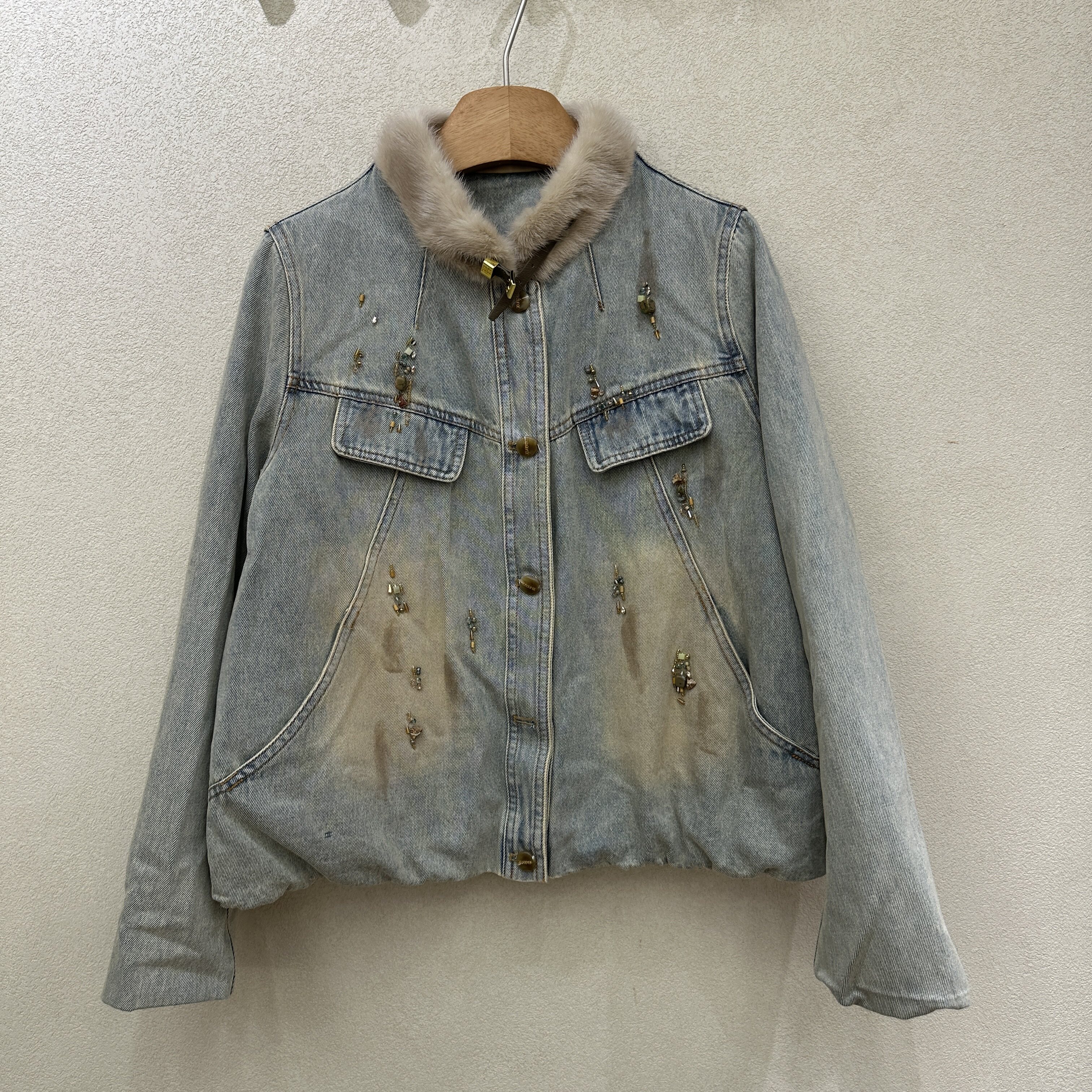 可可家欧货2026冬款水貂毛领钉钻百搭宽松款女士牛仔鹅绒服潮6211