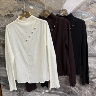 羊毛上衣女7891 半高领钉珠设计感小众百搭长袖 欧洲站2025冬季 新款