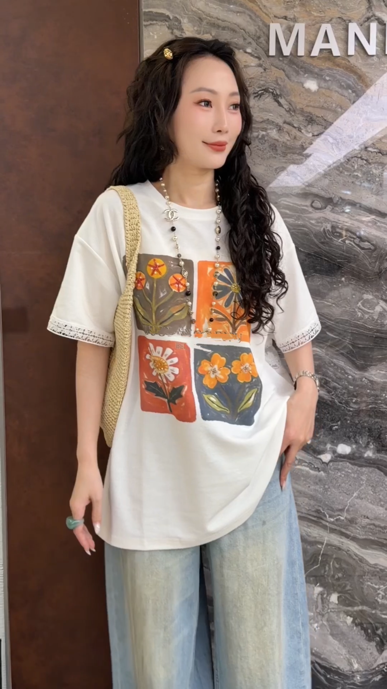 欧洲站2026夏季新款中袖字母印花蕾丝拼接袖串珠花朵印花T恤衫女