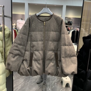 欧洲站2025冬季 圆领设计感绵羊皮宽松百搭鹅绒服外套潮AM0020 新款