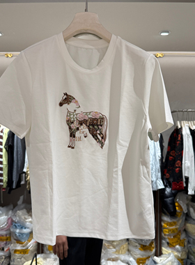 欧洲站2026春季新款刺绣小马图案百搭通勤显瘦减龄时尚短袖女6E27