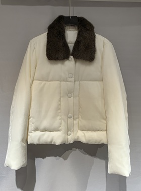 欧洲站2025冬季新款水貂毛翻领纯色百搭轻熟风丝绒白鹅绒服15233